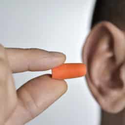 Closeup of a man inserting an orange earplug into his ear.